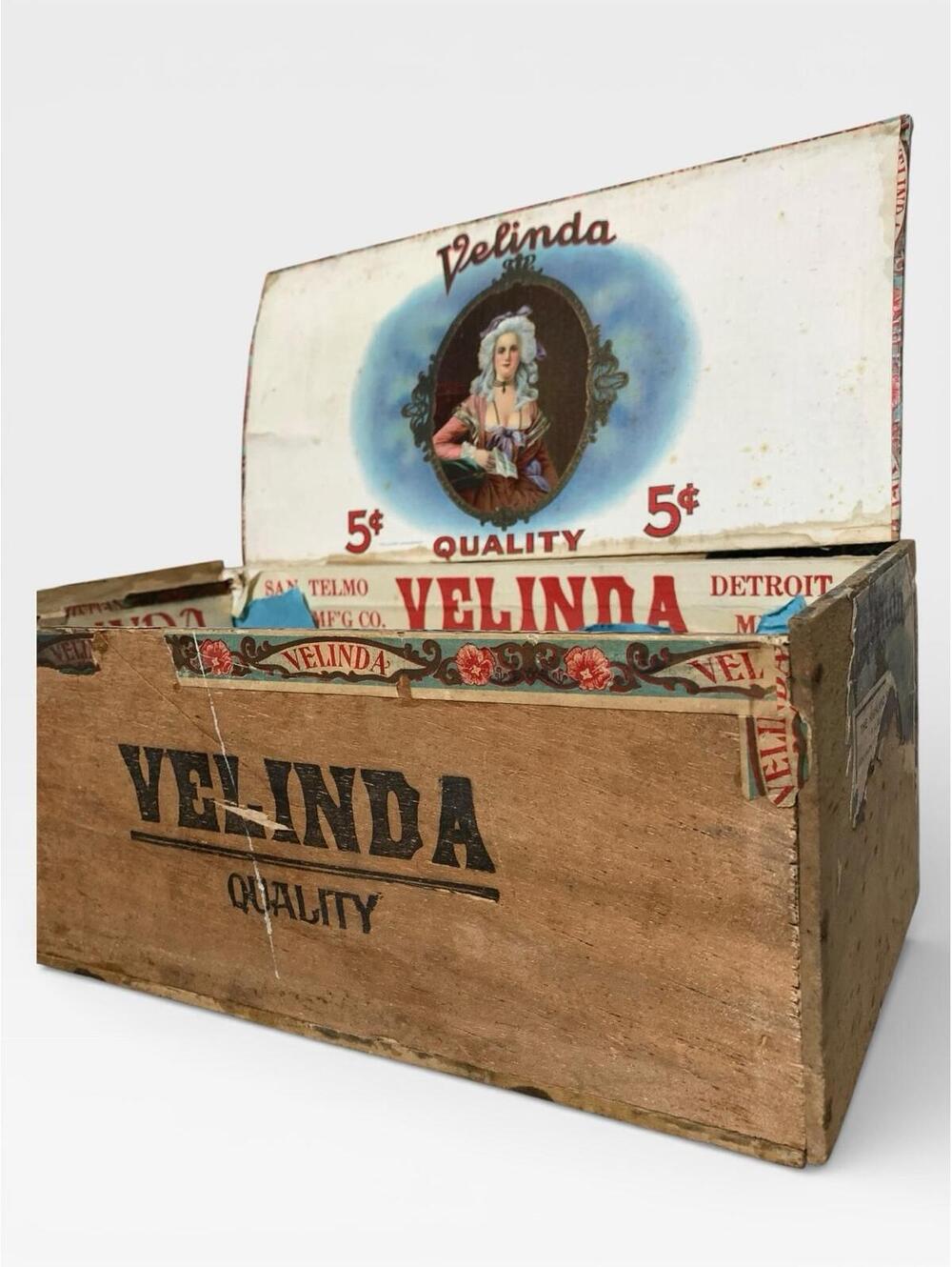 Antique Velinda 5¢ WOODEN Cigar Box San Telmo Detroit w Portrait Label USA MADE